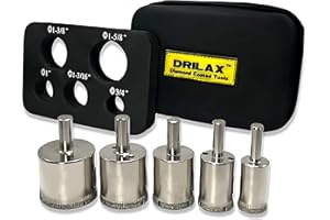 DRILAX Diamond Drill Bits Set 5 Pcs 3/4 inch, 1 inch, 1-3/16 inch, 1-3/8 inch, 1-5/8 inch Tile Drill Bits Diamond Drill Bits for Ceramic, Glass, Granite Countertops Diamond Hole Saw Kit with Drill Guide