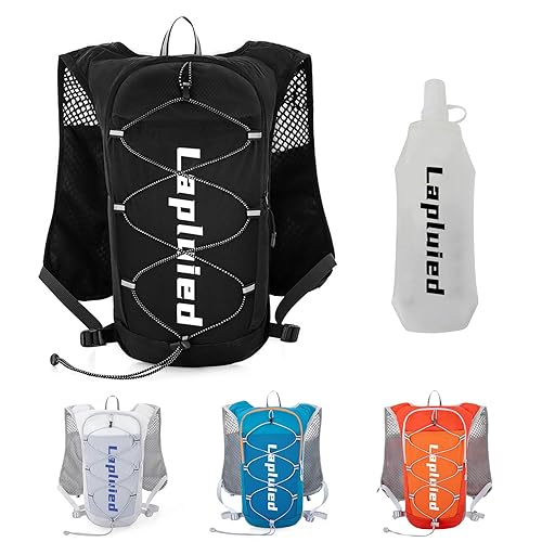Lapluied 5L Hydration Running Vest Women/Man with 500ml Water Bottle, Adjustable Lightweight Running Backpacks, Reflective Hydration Backpack 9 Pocket Bag for Hiking, Cycling, Marathon Black