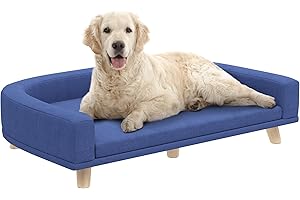 PawHut Dog Sofa Couch, Pet Bed with Comfortable Luxury Cushion, Washable Cover, Wooden Legs, Anti-Slip Mat for Large Dogs, Cats, Kittens, Blue