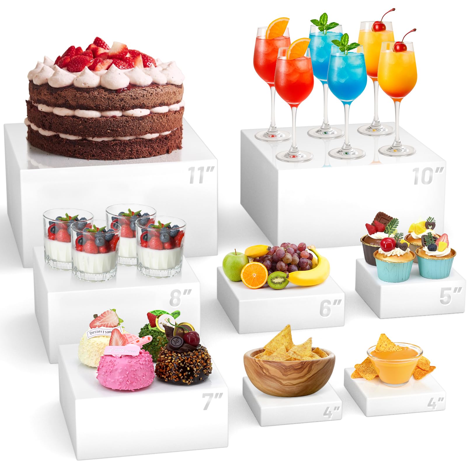 Photo 1 of 8 Pcs Buffet Food Risers,11*11" Large Acrylic Dessert Cupcake Table Stands White Fruit Display Shelf Catering Supplies Party Jewelry Show Decor Risers Cube Box Nesting with Hollow Bottoms 7 Sizes