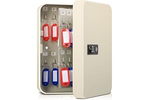 Dalmbox Key Cabinet with Combination Lock, Wall Mount, Steel Security Locking Box, 48 Key Hooks with Colored Tags, 9.84 x 7.09 x 3 in, White