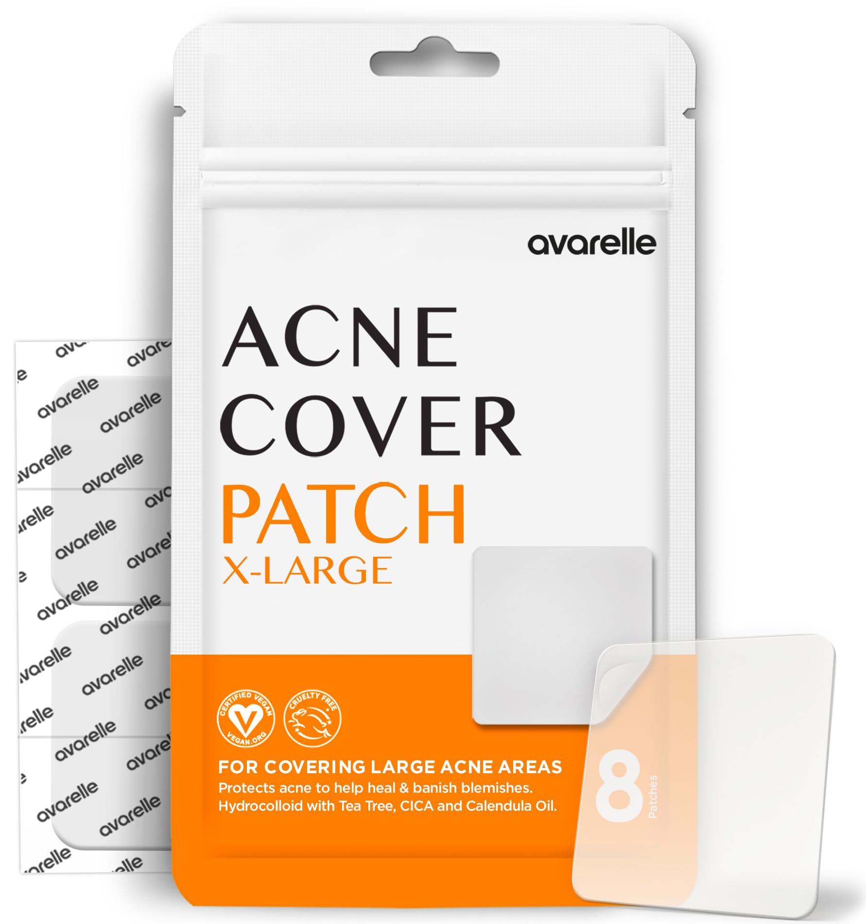 Avarelle Pimple Cover Patches - 8 XL Square Vegan and Cruelty Free Hydrocolloid Cover Patches