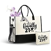 InnoBeta 21st Birtday Gifts for Women, Girls, Finally 21, Canvas Tote Bag for Daughters, Granddaughters, Friends, Bag with Top Zipper Closure and Shoulder Strap for Birthday