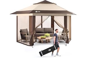 CROWN SHADES 13x13 Pop Up Gazebo with Mosquito Nettings, Patented Center Lock 6-Sided Portable Gazebo, 300D Silver-Coated Fabric UV Resistant, Pop Up Canopy Tent for Patio, Party, Beige&Coffee