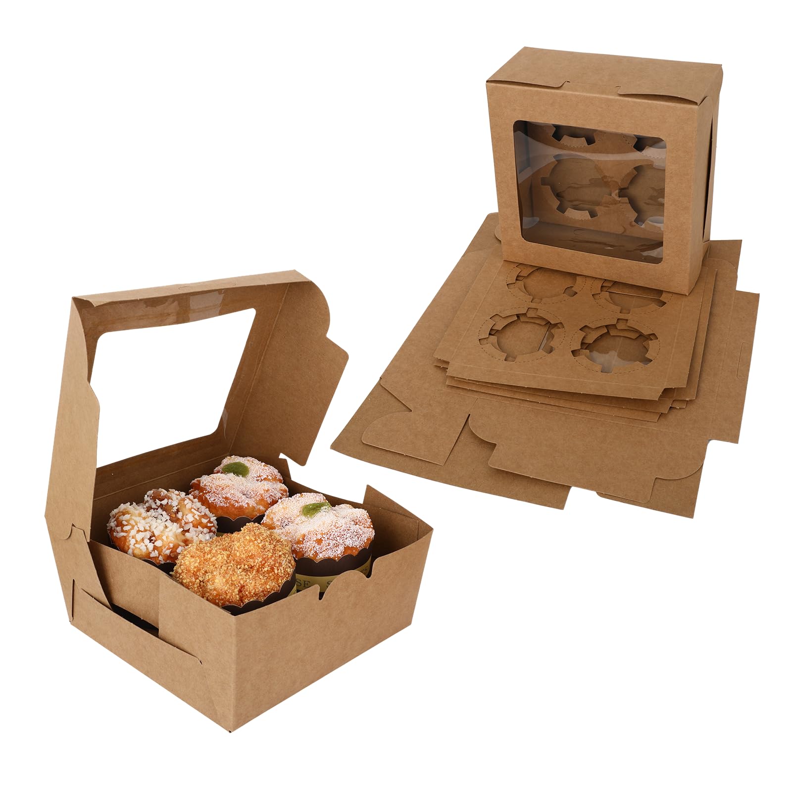 Photo 1 of 20 Pcs Cupcake Boxes 4 Count, Cupcake Boxes 6.3"x6.3"x3" with Clear Window & Insert, Cookie Cake Dessert Containers for Birthday Party Bakery Supplies Food Packaging and Presentation (Kraft)