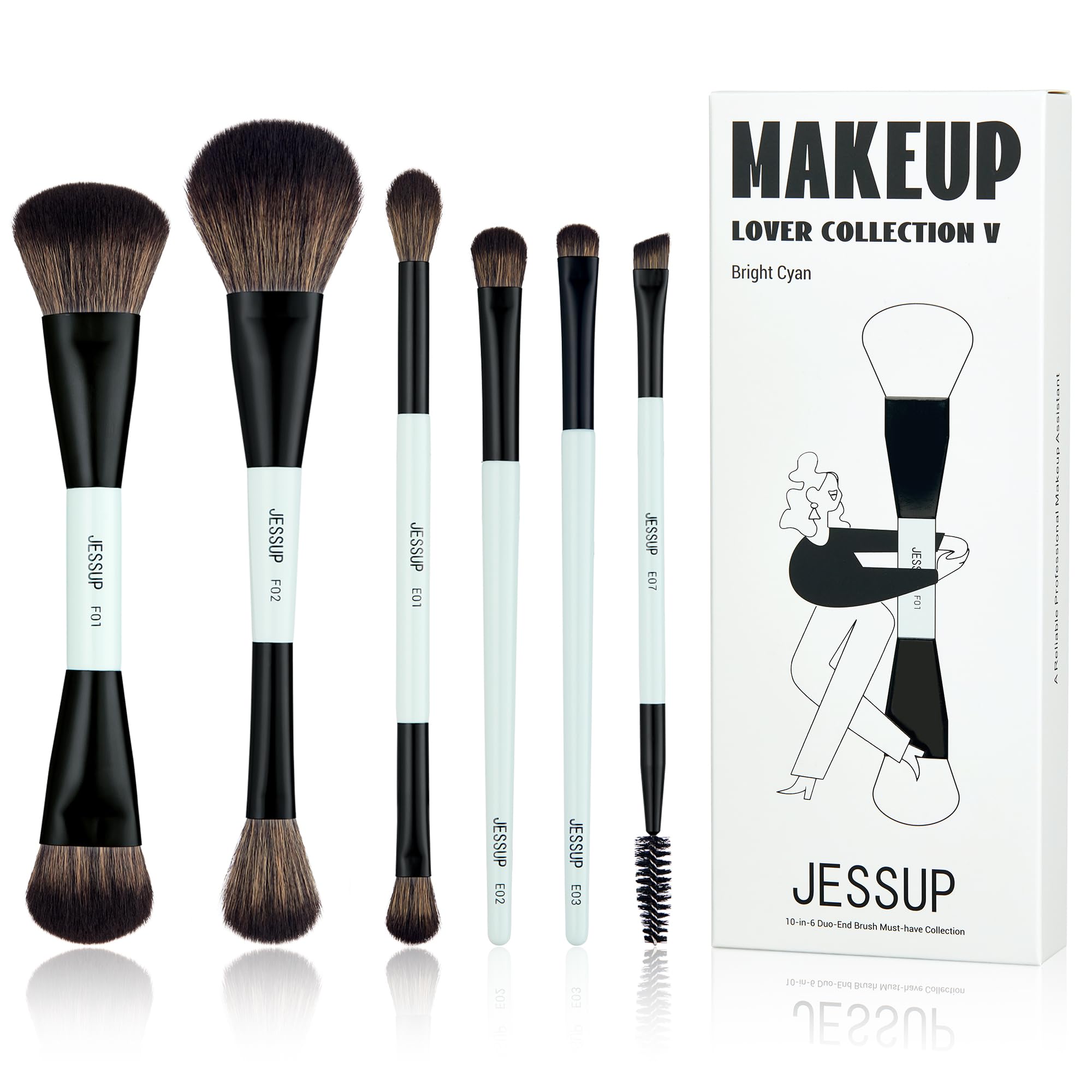 Jessup Makeup Brush Set 6pcs Double Sided Makeup Brushes Foundation Contour Blush Highlight Blending Eyebrow Brush Eyeshadow Brush, Vegan Make up Brushes Bright Cyan T501