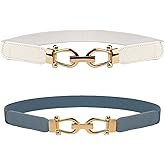 Women Stretchy Thin Waist Belt, Retro Elastic Skinny Belt with Gold Buckle for Ladies, Perfect for Dresses & Shirts, 2 Pack