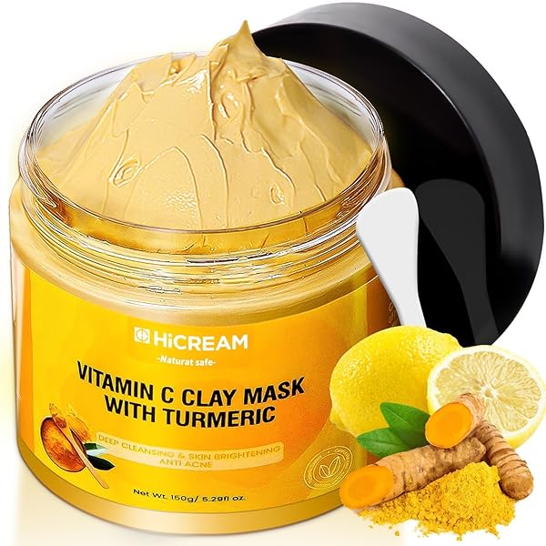 HICREAM TURMERIC VITAMIN C CLAY MASK, DEEP CLEANSING FACIAL MASK, FACE MASK SKIN CARE WITH KAOLIN CLAY AND ALOE FOR PORES, ACNE, DARK SPOTS, HYDRATING 5.29 OZ