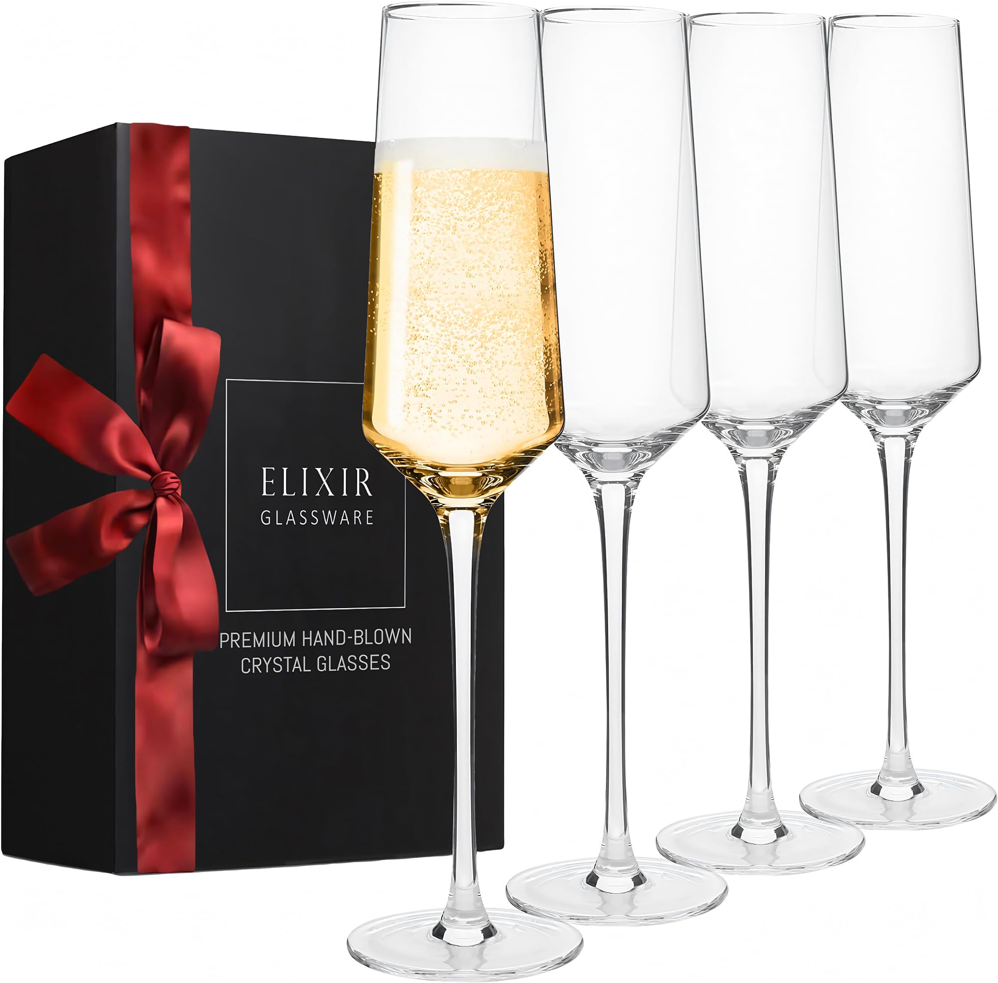 ELIXIR GLASSWARE Classy Champagne Flutes - Hand Blown Crystal Champagne Glasses - Set of 4 Elegant Flutes, 100% Lead Free Premium Crystal - Gift for Wedding, Anniversary, Christmas - 8oz, Clear