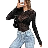SHENHE Women's Mesh Long Sleeve Bodysuit See Through Rhinestone Geo Print Sexy Bodysuit