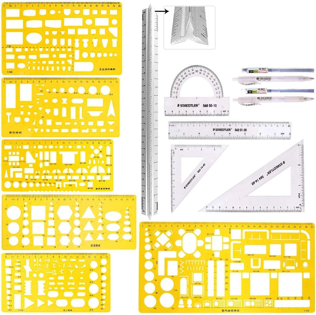 Swpeet 12Pcs Plastic Yellow Geometric Drawings Templates Kit, 6 Different Geometric Measuring Drawings Templates Stencils with 2Pcs Pencil and 5Pcs Measuring Ruler for Drawing Engineering Drafting
