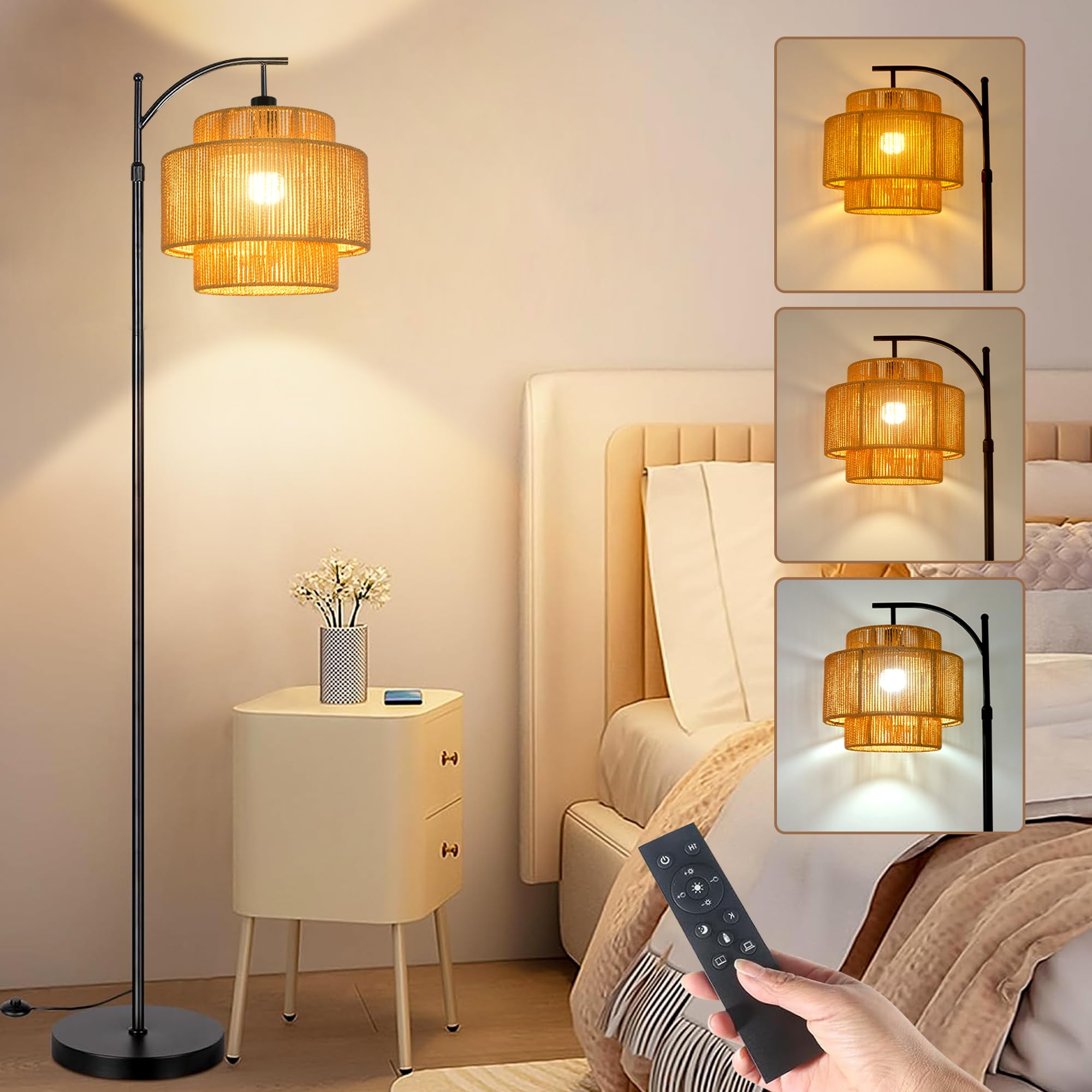 Photo 1 of ILLMTW Rattan Floor Lamp for Living Room Bedroom Boho Arc Standing Lamp with Remote Dimmable Black Farmhouse Wicker Bamboo Lamp Shade Floor Light Tall Lamp Industrial Floor Lamps Bohemian Decor