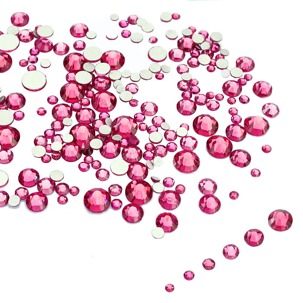 LolliBeads Resin Crystal Round Nail Art Mixed Flat Backs Acrylic Rhinestones Gems,Mix Size 1.5-5 mm, Color Rose Pink (1200Pcs)