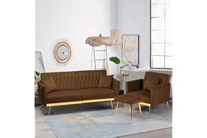 ACMEASE 2 Pieces Velvet Sofa Set with Adjustable Armrest and Backrest, 70” Convertible Futon Sofa Bed & Mordern Accent Chair with Ottoman for Living Room, Bedroom, Brown
