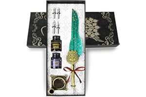 TIANREN Feather Pen and Ink Set,quill pen ink set,Antique Calligraphy Pen with 4 Replaceable Nibs,2 Bottle of ink,Pen Holder Christmas Gift for Men&Women.(Green)