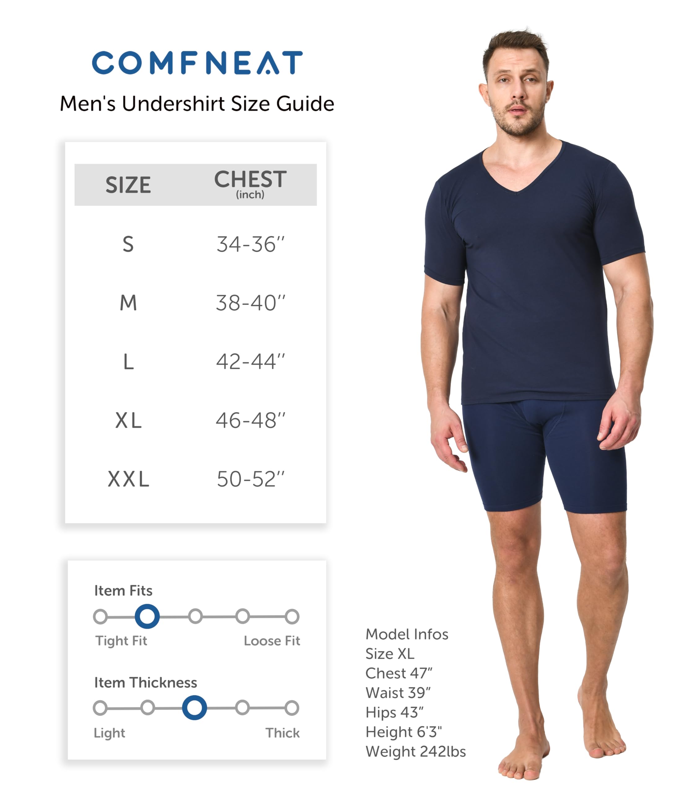 Comfneat Herren 3-Pack Elastisch T-Shirts V-Ausschnitt Baumwolle Elasthan Unterhemden (White V-Neck 3-Pack, L) 5