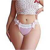 OYOANGLE Women's Plus Size Satin Thongs Lace Trim Mid Rise Bow Panties Silky Cheeky Underwear