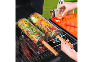 ZRSCHYG Rolling Grill Baskets (2PCS), Removable Wooden Handle, 304 Stainless Steel, Nesting Grilling Net, BBQ Accessories Tools for Vegetable Shrimp, Outdoor Cooking Camping, Birthday Gifts for Men/Dad/Husband