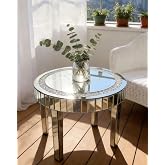 Artloge Silver Mirror Accent Table: 23.6 in Round Mirrored Glass Tabletop | Silver End Table with Crushed Diamond Edge Decorative Furniture