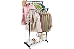 Hisinly Clothes Rack, Double Rod Clothing Racks for Hanging Clothes, 41.8 lbs Capacity Portable Garment Rack, 3 Adjustable Heights, Black