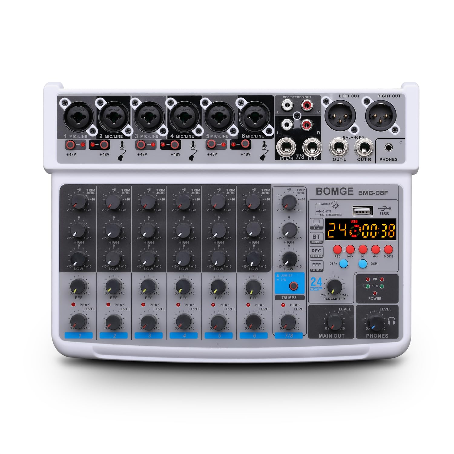 BOMGE 8 channel mini audio mixer Line Mixer ，DC 5V，with MP3 Player,BluetoothcU disk 48Vv24DSP effects, USB recording Ideal for Small Clubs or Bars, Studio Recording (8 channels-WHIT)