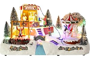 DREAM GARDEN Christmas Village House, Animated Amusement Park with Rotating Carousel,Popcorn Wagon and Swing Battery Operated Musical Christmas Collectible Buildings for Home Table Holiday Display