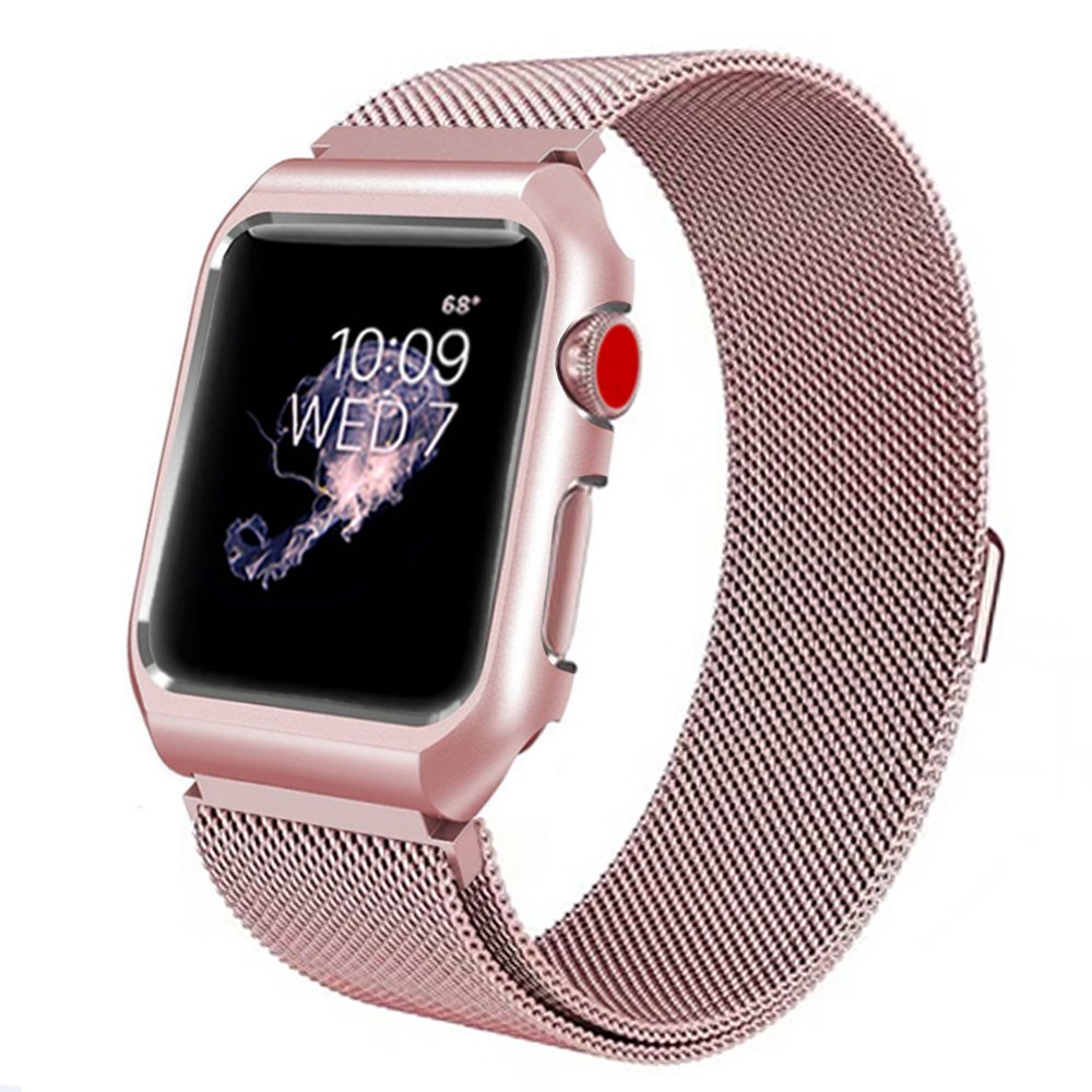 Apple Watch Band, iBazal 38mm Protective Case, Upgraded Milanese Stainless Steel Magnetic Closure Clasp Replacement iWatch Band for All 38mm Apple Watch Series 2&Series 1&Sport&Edition-Rose Gold 38mm