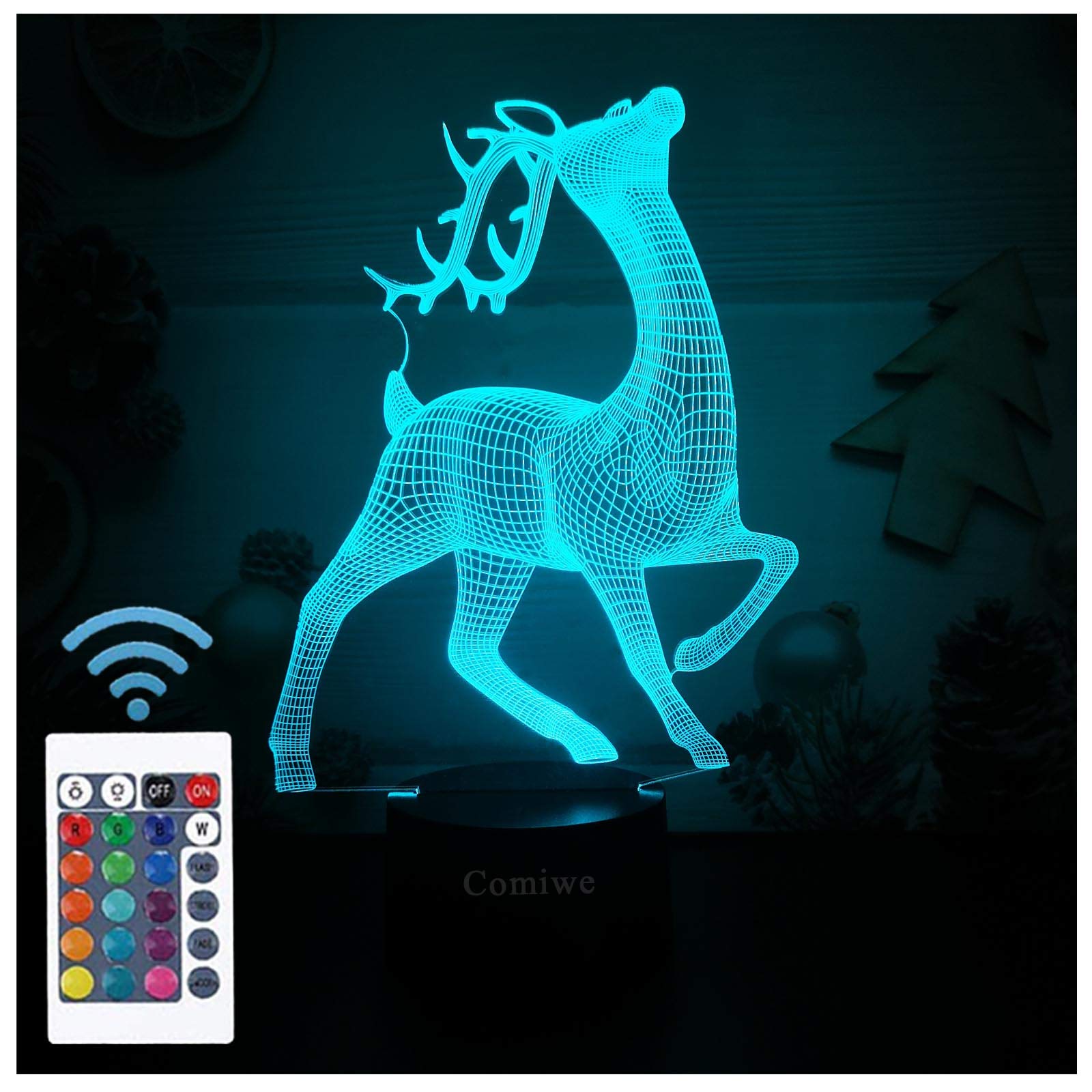 Comiwe Deer (D) 3D Illusion Night Light Toys,16 Colours Change Smart Touch & Remote Control,Home Decor LED Bedside Table Desk Lamp,Christmas Birthday Gift for Girls Boys Kids Adults Friends & Family