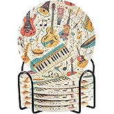 FENOCHE Musical Instrument Music Note Coasters Set of 6 Absorbent Drink Coaster with Holder for Cup Coffee Table Home Decor 3.94 Inch