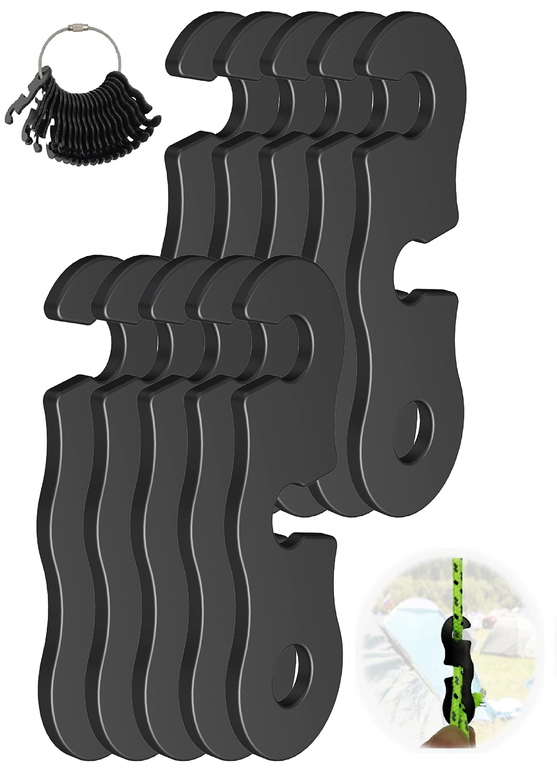Rope Tensioner (10 Pack) Aluminum Alloy Camping Tent Guyline Cord Adjuster Camping of Gear for Camping, Hiking, Backpacking Ultralight Tent Stakes Guy Lines (Black 10 Pack)