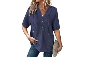 Women Waffle Knit Hoodies Short Sleeve V Neck Sweatshirt Button Down Top 2026 Fashion Drawstring Hooded Pullover Clothes