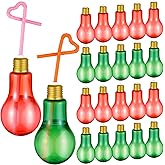 Panitay 20 Pcs 200ml Christmas Light Bulb Cups with Straw Lids Christmas 6.8 oz Plastic Red Green Light Bulb Bottles Containers Xmas Party Supplies Juice Water Drink Cup for Juice Drinks Beer