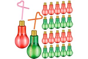 Panitay 20 Pcs 200ml Christmas Light Bulb Cups with Straw Lids Christmas 6.8 oz Plastic Red Green Light Bulb Bottles Containers Xmas Party Supplies Juice Water Drink Cup for Juice Drinks Beer