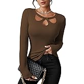 Pink Queen Sexy Tops for Women Fall Clothes Long Sleeve Cutout Keyhole Neck Top Ribbed Knit Shirts