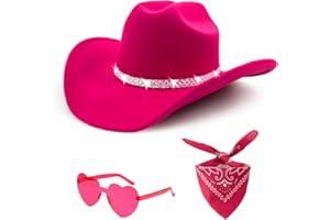 ONECOS 3Pcs Rhinestone Cowboy Hat for Women with Bandana, Heart Sunglasses set, Wide Brim Cowgirl Hat for Western Disco Party