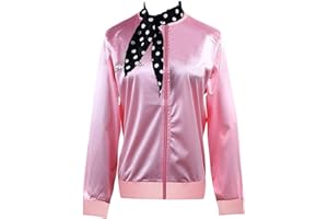 1950s Pink Women Satin Jacket Grease T-Bird Danny Halloween Cosplay Fancy Costume outfit with Scarf