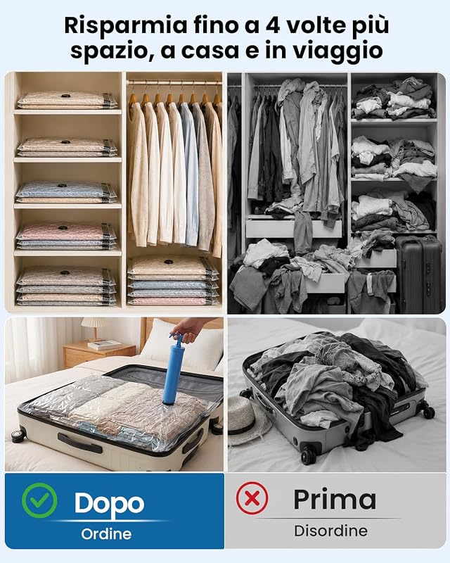 Sacchetti Sottovuoto Vestiti con Pompa Manuale, 4 Buste Sottovuoto Vestito (4 * 50x40cm), Sacchi Sottovuoto Vestito per Viaggi, Traslochi e Stoccaggio