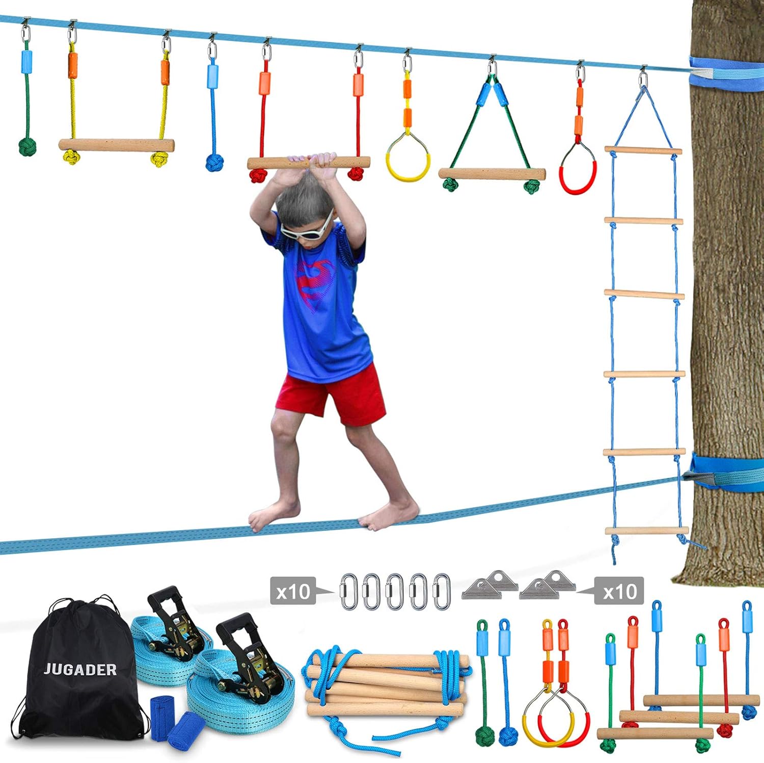 Jugader Ninjaline + Slackline Ninja Warrior Training Equipment for Kids - Backyard Obstacle Courses Including Rope Ladder, Gym Rings, Rope Knots, Monkey Bars: Toys & Games