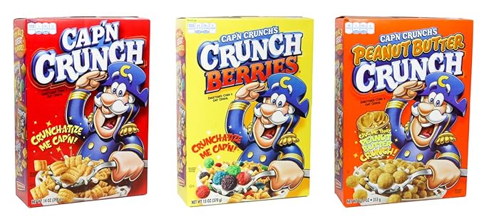 Amazon Com Captain Crunch Variety Flavor 3 Pack Cap N Crunch Regular Flavor 14 Oz Cap N Crunch S Crunch Berries 13 Oz Cap N Crunch S Peanut Butter Crunch 12 5 Oz