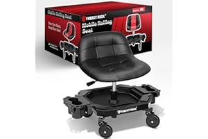 FREEKYROCK Rolling Stool with Wheels, Adjustable Height Pneumatic Garage Work Mechanic Stool Seat with Backrest, 400 LBS Capacity 360° Swivel Mechanic Crepper Chair with Tool Tray Storage, Black