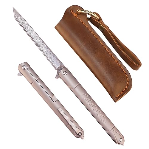 Samior GD035 Small Slim Folding Pocket Flipper Knife, 3.5 inches VG10 Damascus Tanto Blade, Grey