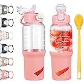 SIEROZUR 32 oz Glass Tumbler with Straw, Glass Water Bottles with 2 Lids-Handle Spout Lid & Straw Lid, 1 Liter Motivational Water Bottles, Silicone Sleeve, Fits Car Cup Holder,Pink