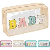 Iqimott Clear Patch Makeup Bag Baby Pouch, Preppy Personalized Chenille Letter Cosmetic Pouch for Travel, Nylon Waterproof Travel Essentials Zipper Toiletry Bags for Women Girls(BABY, Beige)