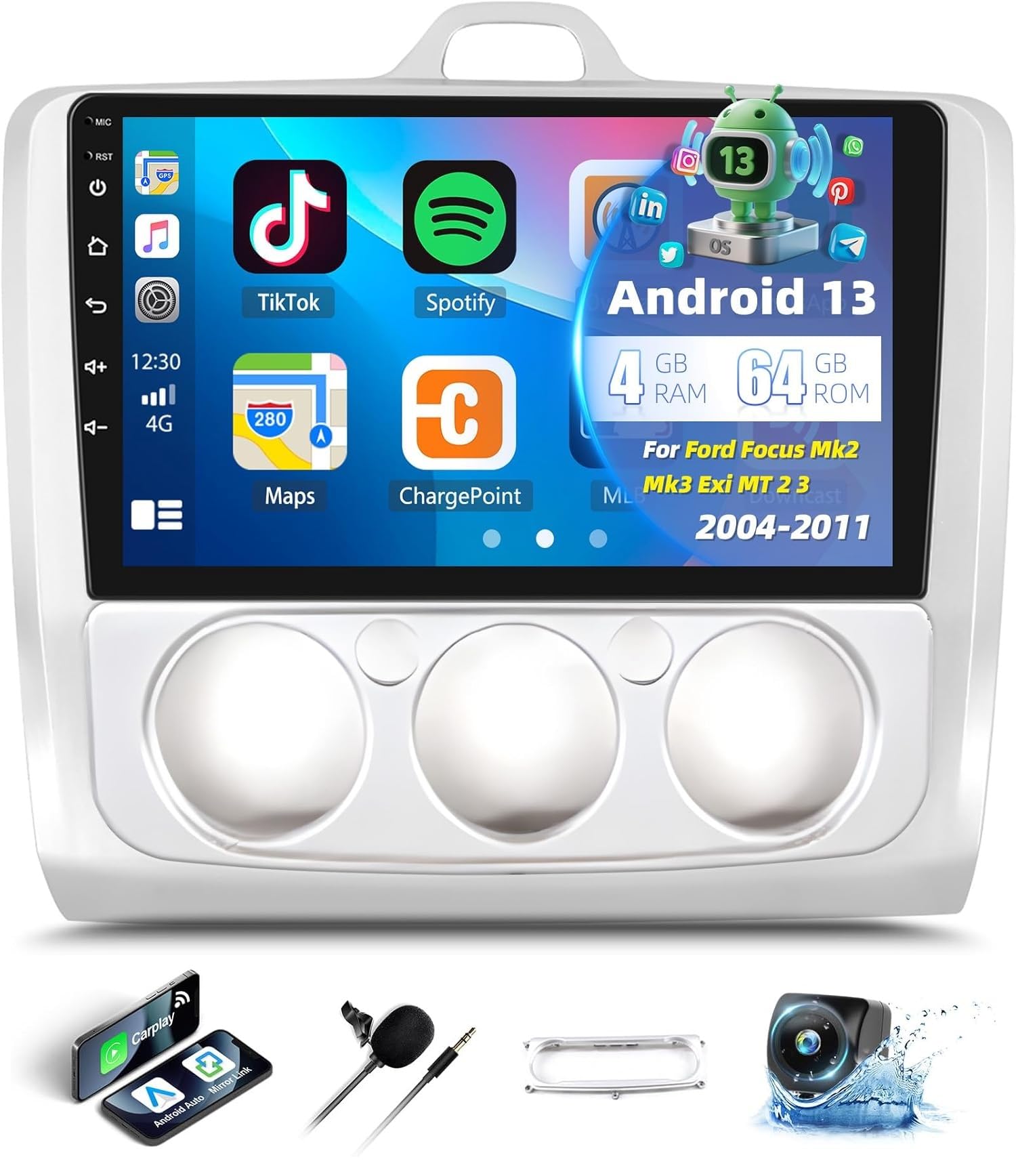 4GB+64GB Android 13 Car Stereo Ford Focus 2005-2011 with Wireless CarPlay Android Auto Car radio 9" IPS Touchscreen Radio with Bluetooth 5.0 32EQ GPS WiFi FM RDS SWC Mirror Link + HD Rear Camera