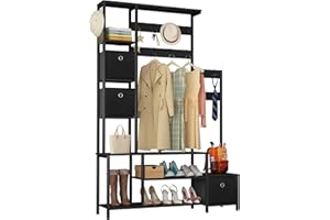 YAOHUOO Coat Rack, Hall Tree with Bench and Drawers, Entryway Bench with Hooks, Metal Frame Entryway Rack for Entrance/Foyer/