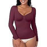 FeelinGirl Womens Shapewear Tummy Control Tops: Long Sleeve Compression Shirts for Women Slimming Body Shaper V Neck Shirt