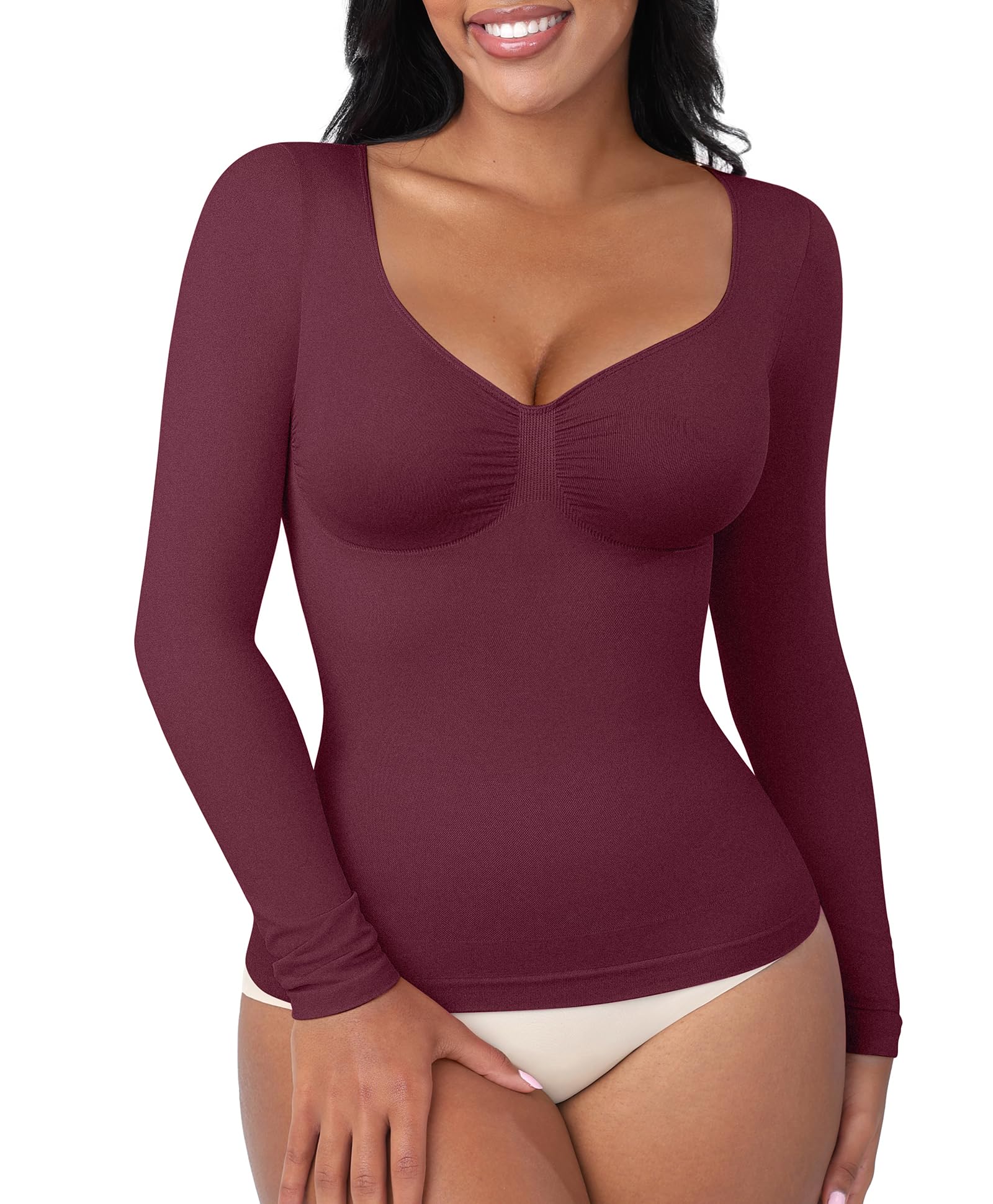 Photo 1 of FeelinGirl Long Sleeve Compression Shirts for Women Shapewear Tummy Control Slimming Body Shaper V Neck Top Burgundy Small