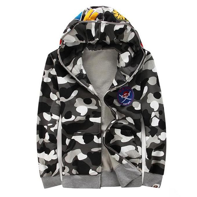 Jungen Herren 3D Haifisch Kopf Zip Camouflage Hoodie Luminous Kapuzenpullover Unisex Kapuzen-Sweatshirt mit Leuchtfleck