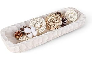 OAKRAIN Decorative Bowl for Home Decor, Long Dough Bowl with Hand Carved Irregular Texture, Unique Table Centerpieces, Wooden Home Decor Accents for Farmhouse Boho Rustic Style(16.1"x 5.5" Washed White)