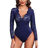 Avidlove Lace Bodysuit for Women Sexy Long Sleeve V Neck Body Suits Going Out Tops Snap Crotch One Piece Teddy Lingerie